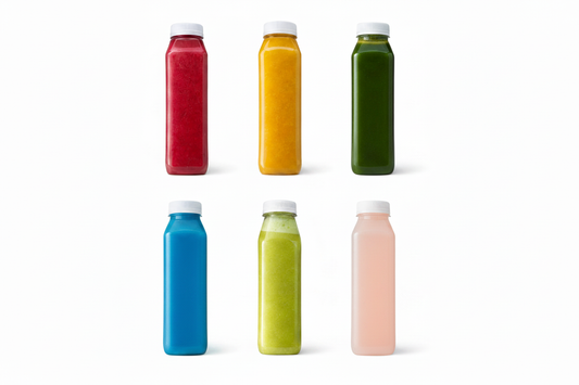Six juice bottles with blue and clear pink
