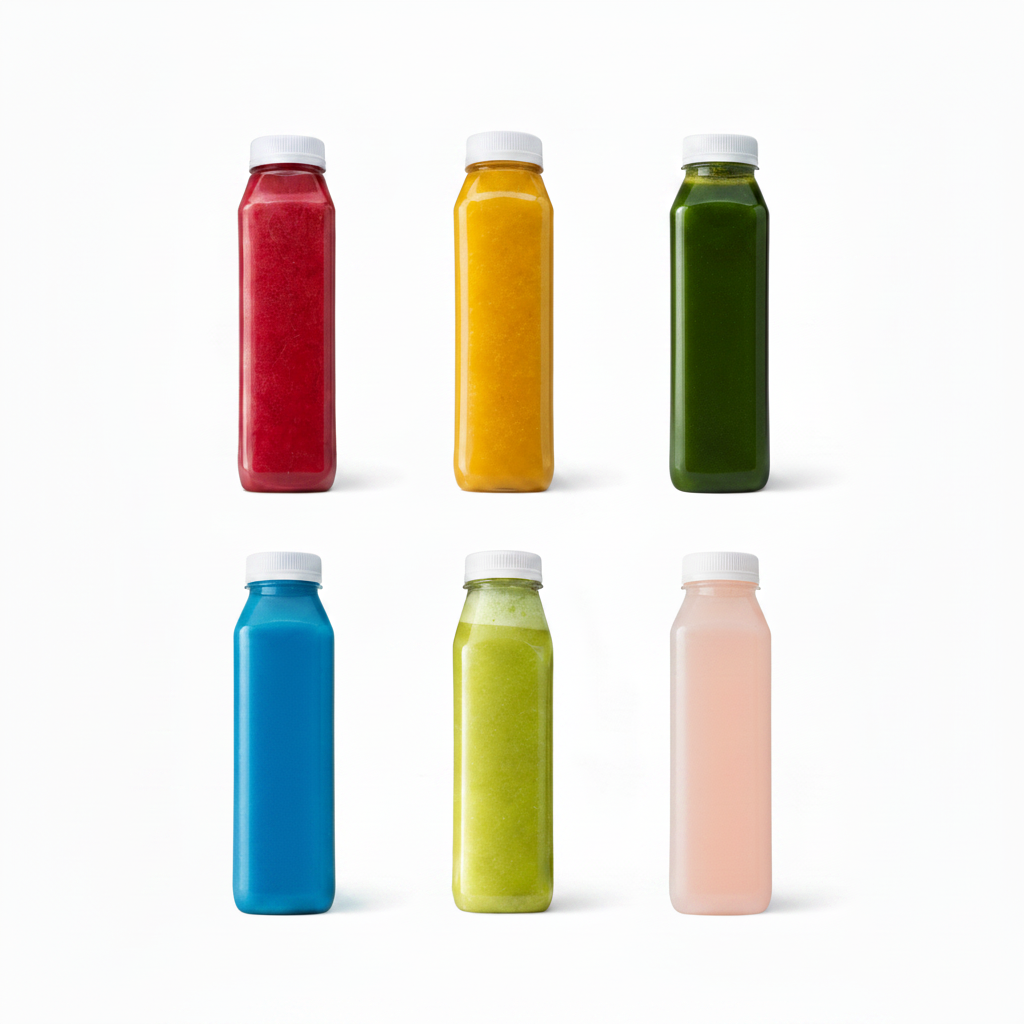 Six juice bottles